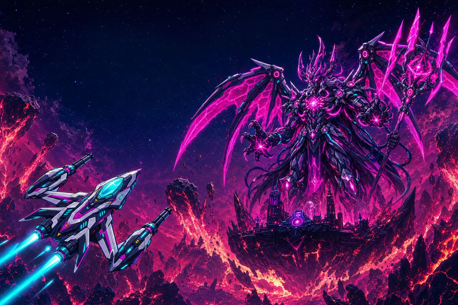 Hell of Stars key art: two star fighters facing the cyber-demon king Malachar