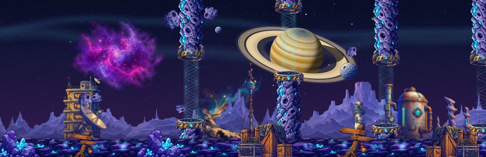 Flappy Spaceship: a ringed planet above a field of asteroid gates